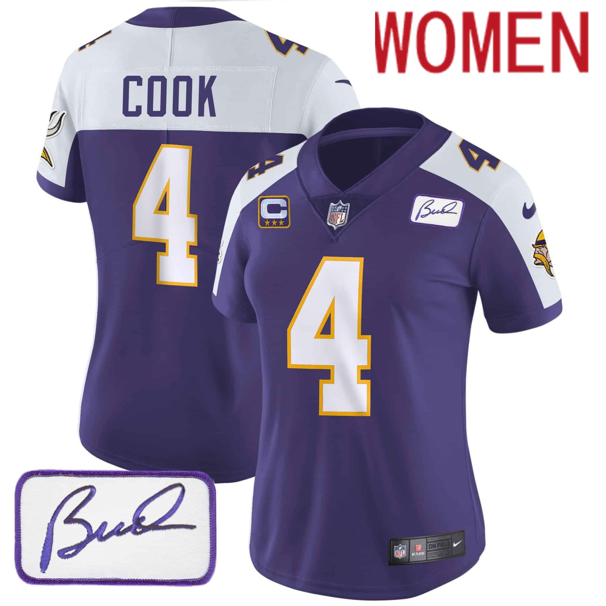 Women Minnesota Vikings #4 Cook Purple 2024 Nike Bud Grant Patch Classic Limited NFL Jersey style 2